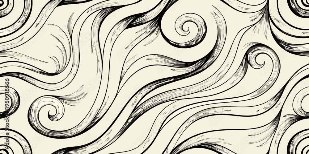 Fototapeta premium Abstract swirls and curves create a seamless black and white pattern