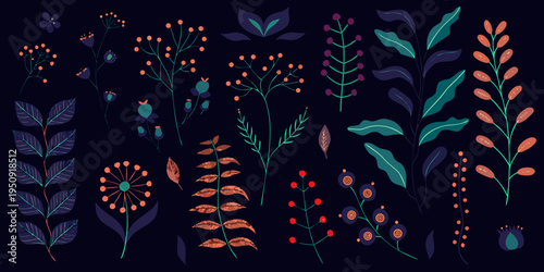 Stylized floral arrangement with various colorful stems and leaves