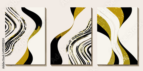 Abstract triptych featuring swirling black gold and white lines