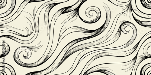 Abstract swirls and curves create a seamless black and white pattern
