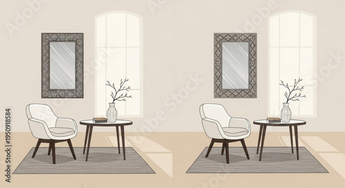 Modern living room interior with two white chairs and tables by windows with mirrors