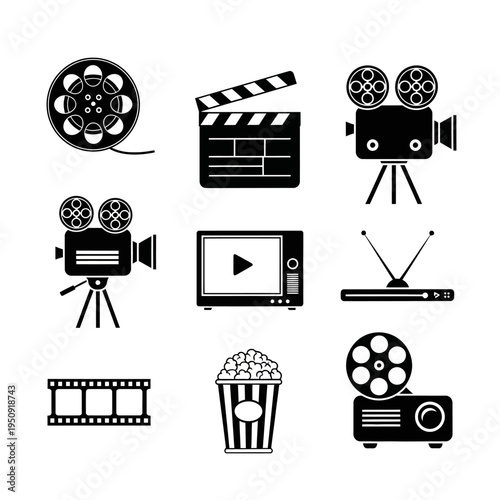Black film and cinema icons set.