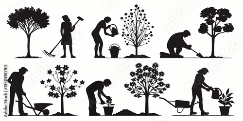 Silhouettes of people gardening and tending to various plants and trees