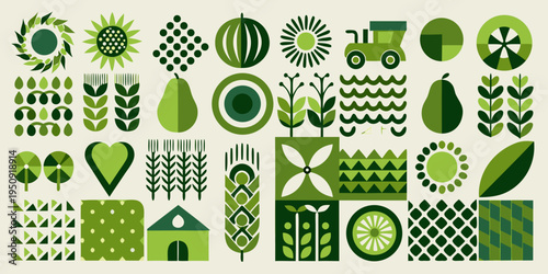 Stylized green botanical illustration featuring fruits flowers and farm elements