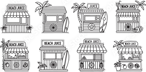 Eight different beach juice shop illustrations with surfboards and tropical plants Vector