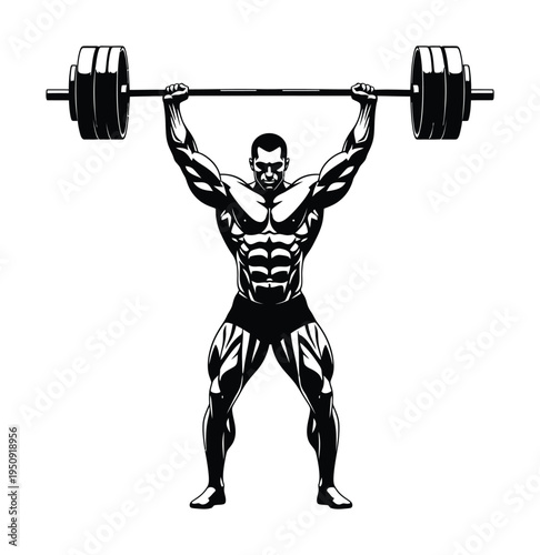 Vector of a muscular man lifting heavy weights in a bodybuilding pose