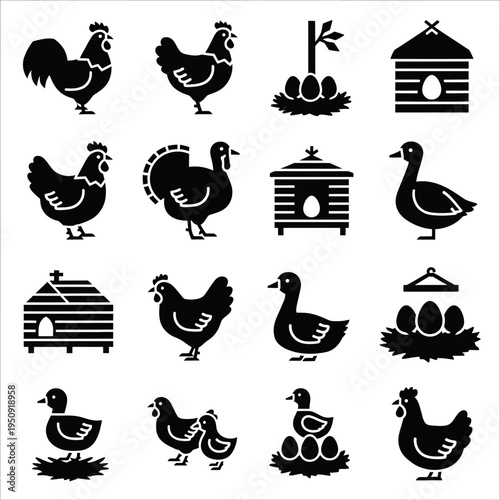 Black silhouettes of chickens and ducks.