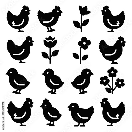 Black silhouettes of chickens and flowers.
