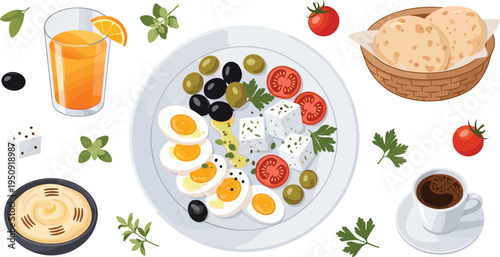 Mediterranean breakfast plate with feta cheese olives boiled eggs tomatoes pita bread hummus coffee and orange juice vector illustration