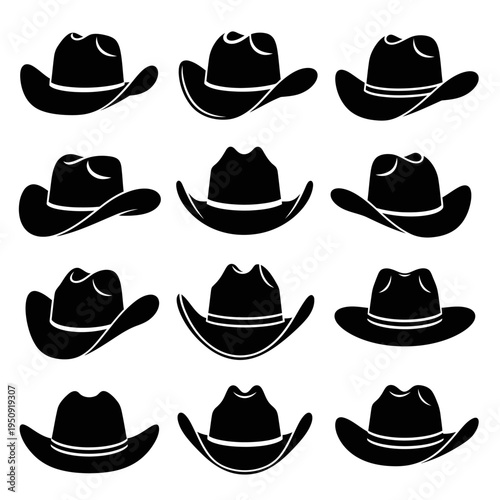 Collection of black cowboy hats icons.
