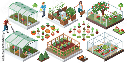 Isometric illustration of people gardening in various greenhouses and plots