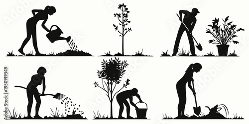 Silhouettes of people gardening and tending to plants in a landscape