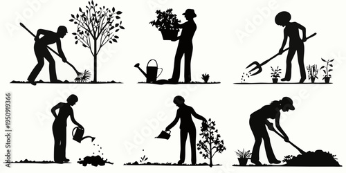 Silhouettes of people gardening and tending to plants outdoors