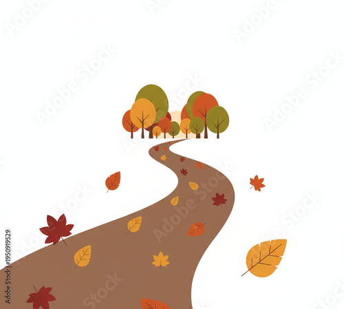 Autumnal Winding Path Illustration with Scattered Leaves and a Forest of Colorful Trees, Capturing the Essence of the Fall Season and Nature's Tranquil Beauty
