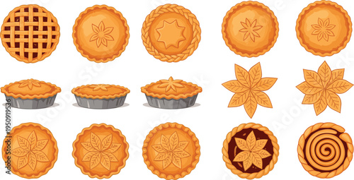 Pumpkin pie and pastry top view collection with decorative crust patterns autumn thanksgiving bakery dessert vector set