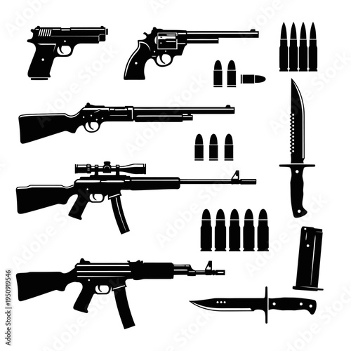 Collection of guns and knives.