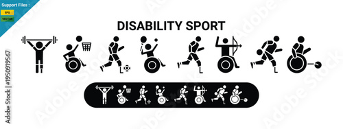 Disabled sport icons set, Adaptive Sports, Paralympic athlete vector illustration glyph set. 