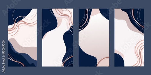 Abstract marble patterns in vertical panels of navy blush and white