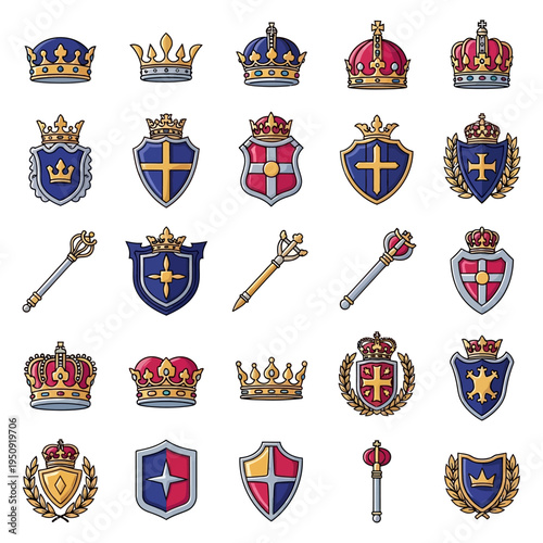 Collection of royal crowns and crests.