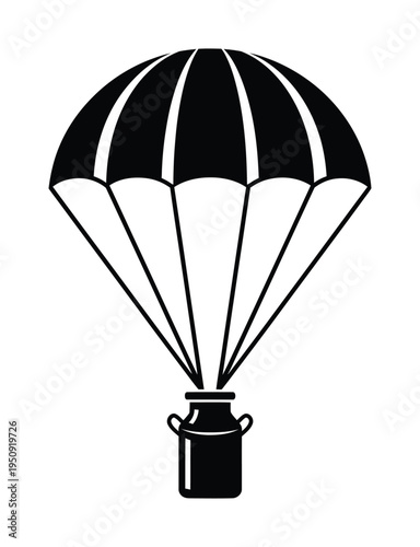 Vector of a parachute attached to a milk can suspended mid-air