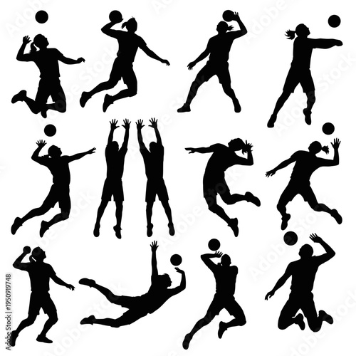 Collection of silhouette volleyball players.