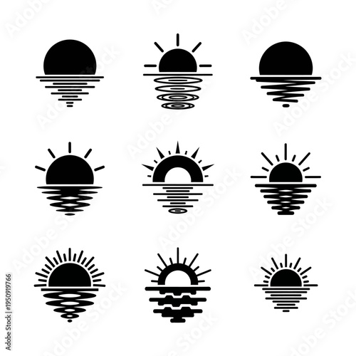 Collection of sun icons rising over water.