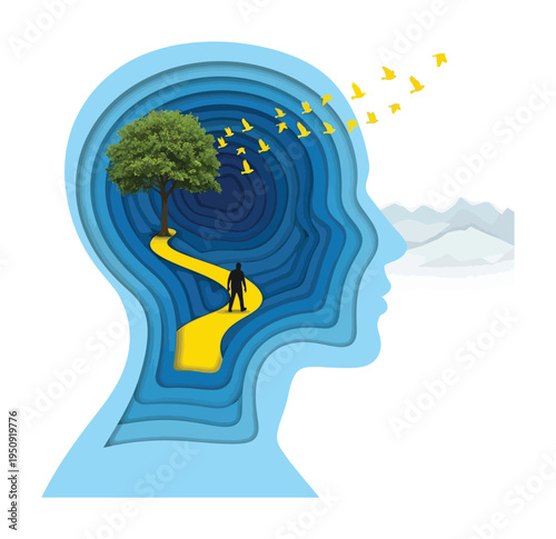 Vector of a human head with a tree and path inside leading to flying birds