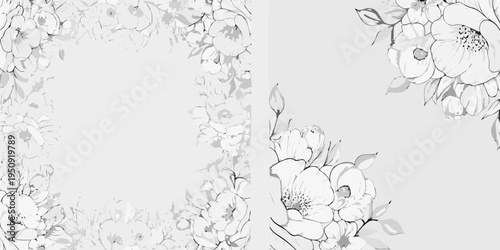 Delicate floral arrangement of blossoming flowers in grayscale tones