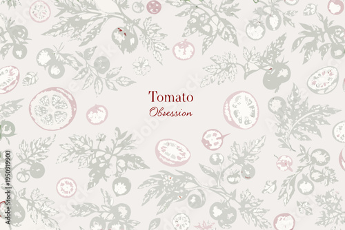 Vintage tomato botanical illustration with repeating floral and fruit patterns
