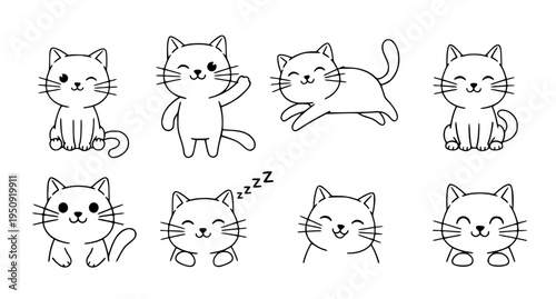 Cute Cartoon Cat Characters Set, Hand Drawn Cat Mascot Collection Isolated on White Background Vector Illustration