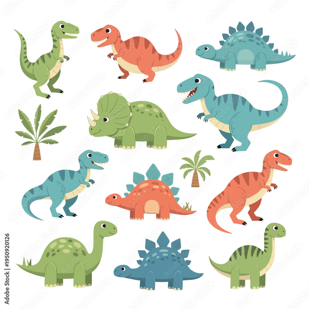 Fototapeta premium Colorful cartoon dinosaurs illustration set.
