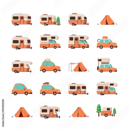 Colorful camper van and tent icons.