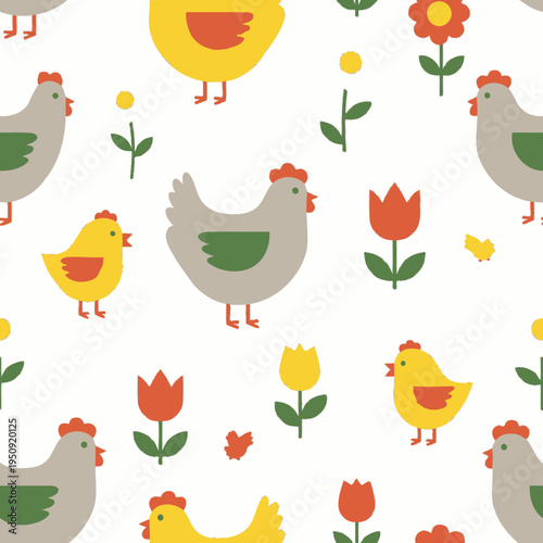 Colorful cartoon chickens and flowers pattern.
