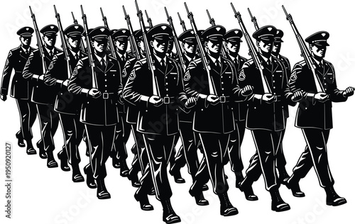Marching soldiers in uniform with rifles military