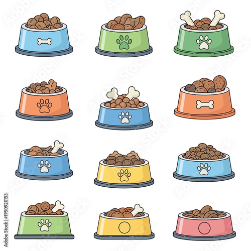 Colorful dog food bowls with kibble.