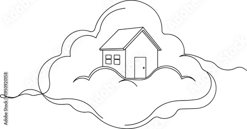 House inside cloud line art illustration symbolizing cloud computing online storage digital home data security minimal conceptual vector design
