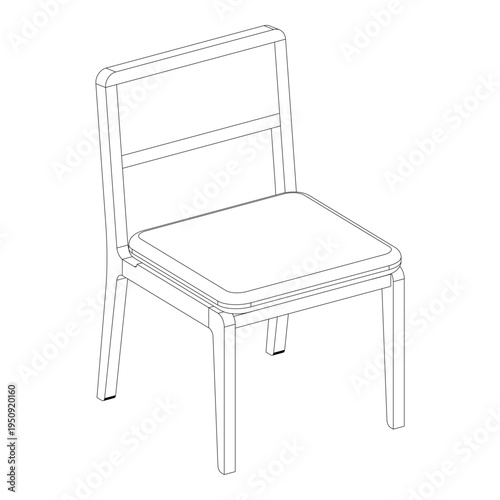 Perspective outline illustration of dining chair with cushioned seat. Clean line drawing suitable for furniture presentation, dining concepts, and interior design projects.