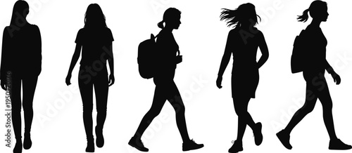 Women walking silhouettes female people walking set urban lifestyle girl pedestrian vector illustration casual walking poses collection