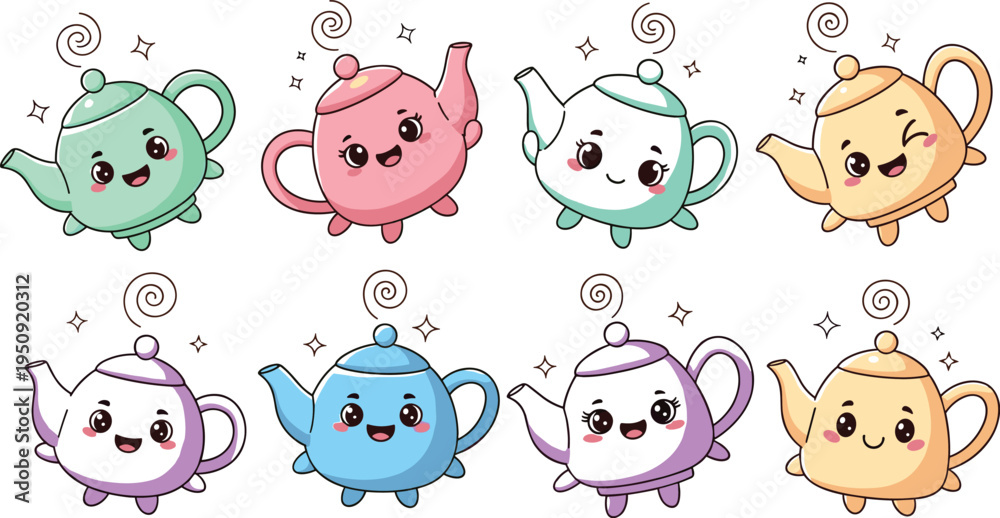 Obraz premium Cute Kawaii Teapot Character Collection with Smiling Faces, Cartoon Tea Kettle Mascots and Colorful Kitchen Object Vector Illustration Set