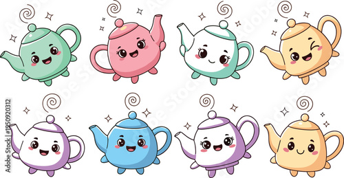 Cute Kawaii Teapot Character Collection with Smiling Faces, Cartoon Tea Kettle Mascots and Colorful Kitchen Object Vector Illustration Set