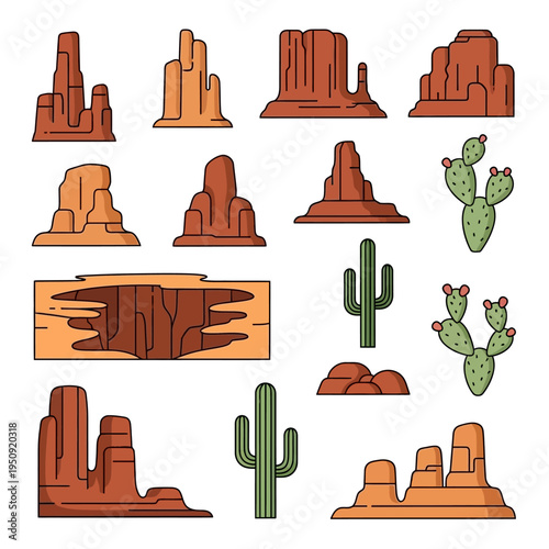 Desert Rock Formations and Cacti Icons.