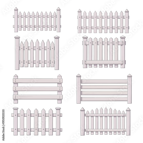 Set of White Wooden Fence Designs Isolated on Background – Garden Barrier Collection