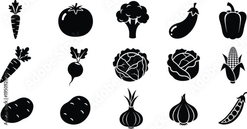 A collection of fifteen black and white silhouette icons representing various fresh garden vegetables