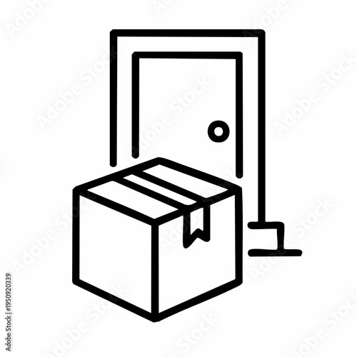Doorstep delivery service icon showcasing a cardboard box waiting outside a home entrance, symbolizing online order fulfillment and convenient shipping logistics