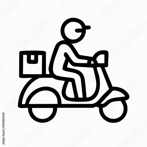 Outline icon of a speedy delivery rider on a scooter, perfect for urban logistics, express courier services, and efficient parcel transportation