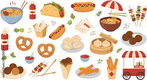 Street Food Vector Set with Ramen, Dumplings, Hot Dog, Pretzel, Skewers, Churros and Takeaway Cart Illustration