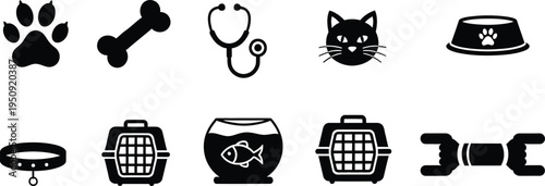 A collection of ten black vector icons representing various common pet care and animal accessories