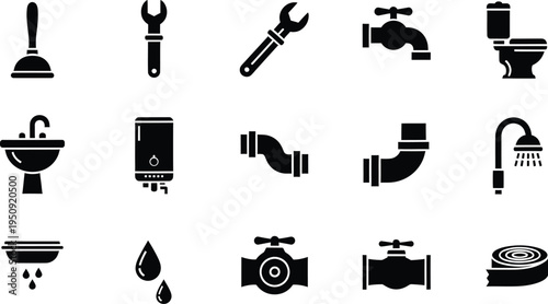 A collection of black silhouette icons representing various essential plumbing tools and fixtures