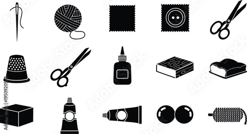 A collection of black icons representing various sewing and crafting tools and supplies on display