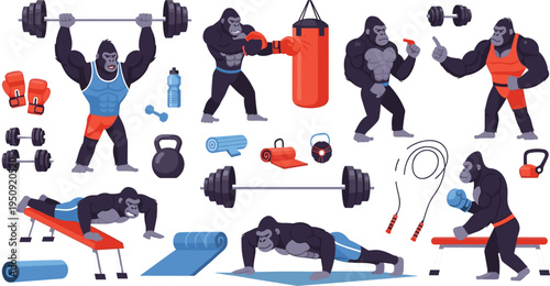 Strong Gorilla Gym Workout Set Lifting Weights, Boxing, Push Ups and Training with Fitness Equipment Vector Illustration